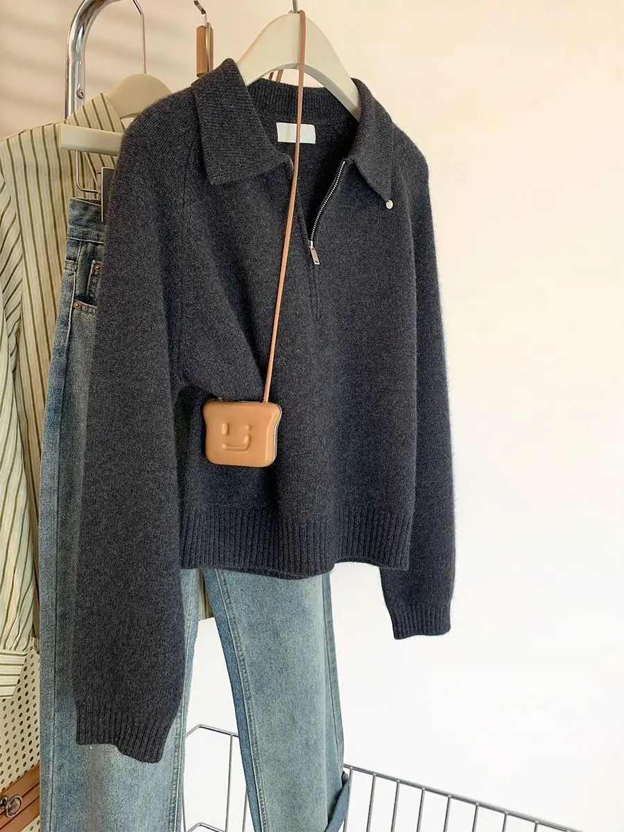 

Женский вязаный свитер с воротником на молнии, осень-зима, новый повседневный свободный крой, длинный шерстяной топ све