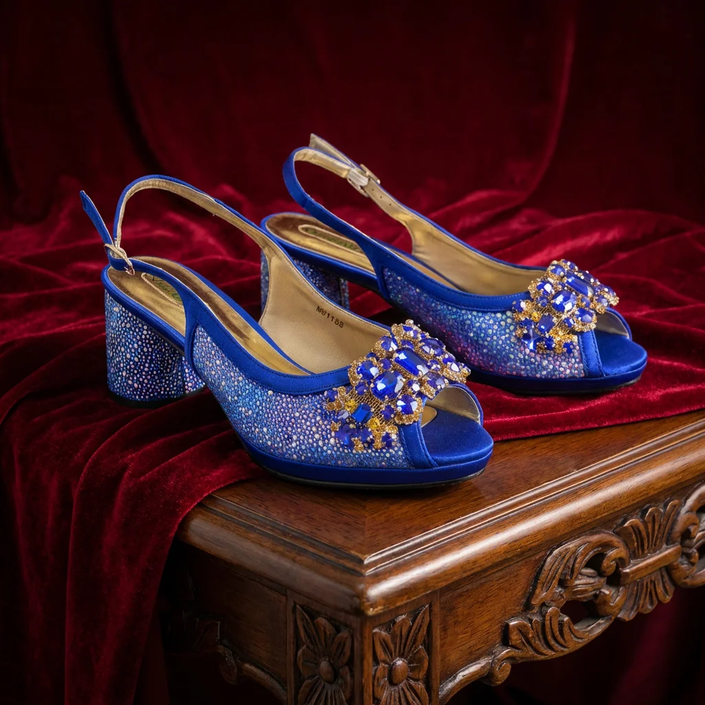 Newest INS Style Royal Blue Rhinestone Elegant Women High Heels Nigeria Popular Itlian Design African Ladies Shoes And Bag Set view 3