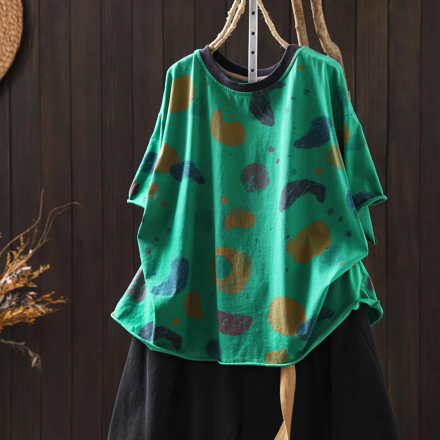 

Women's Oversized Abstract Paint Dot Print Short Sleeve T‑Shirt 100% Cotton Loose Casual Summer Tee Tops Soft Boho Blouse