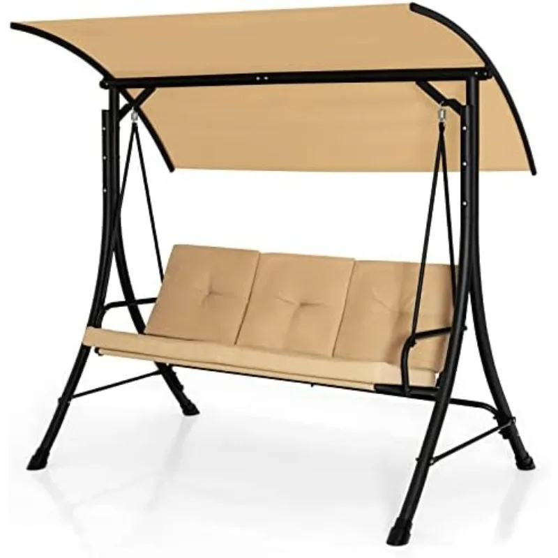3 Person Porch Swing, Outdoor Swing with Removable Cushions, Solid Steel Structure, Patio Swing with Adjustable Canopy