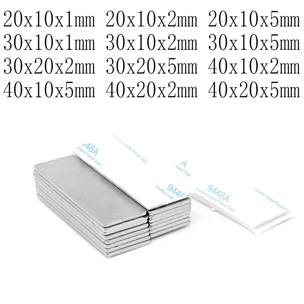 30x10x1mm Block Strong Magnets 20x10x1 Sheet Permanent Neodymium Magnet With Double Sided Adhesive Tape 30*10*2 20*10*2 40*20*2