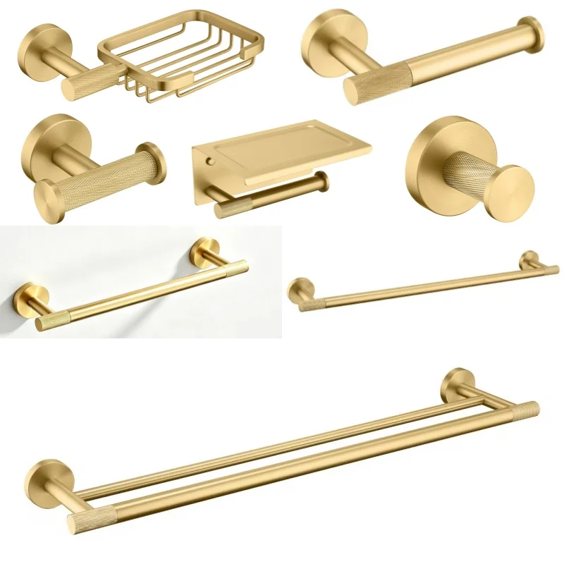 

Brushed Gold Soap Baske Towel Bar Tissue Holder Bathrobe Hook Cup Holder Toilet Brush Soap Dish Bathroom Accessories