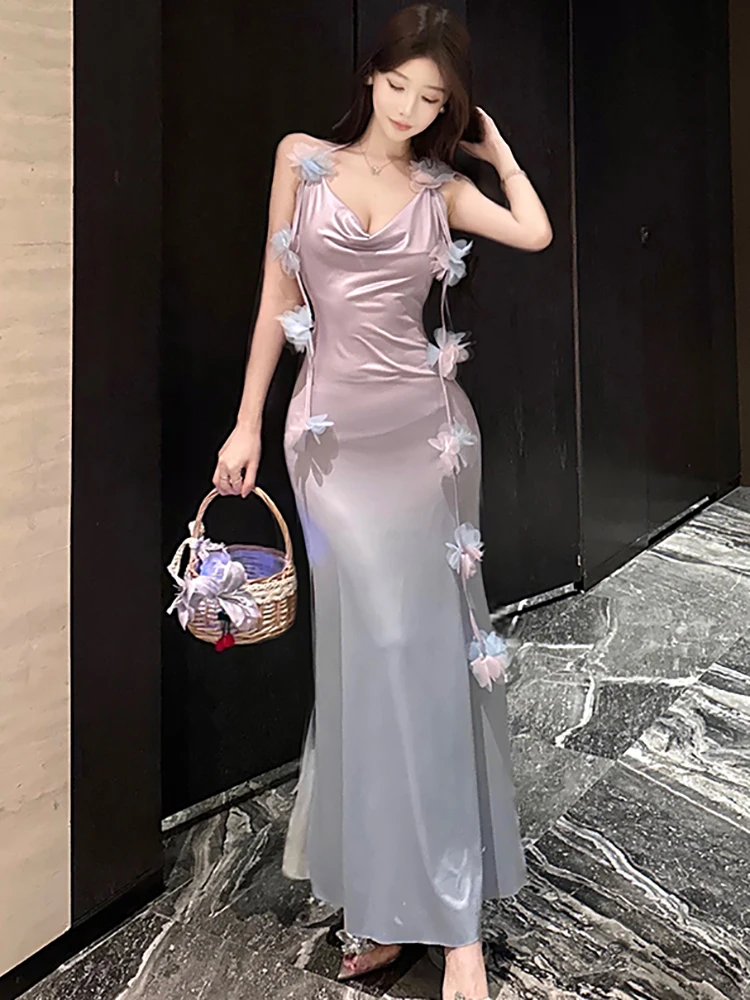 Verano púrpura gradiente malla elegante Floral Sling Sexy vestido largo mujeres elegante Casual estilo de playa vestido 2025 vestidos ceñidos coreanos