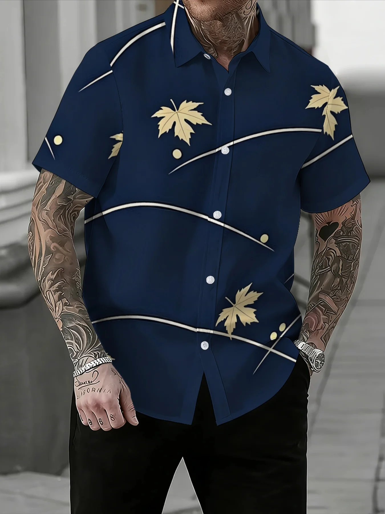 Subtle Golden Maple Leaf Pattern Mens Shirt,  Short-sleeve Button-up Shirts for Outdoor Daily and Casual Party