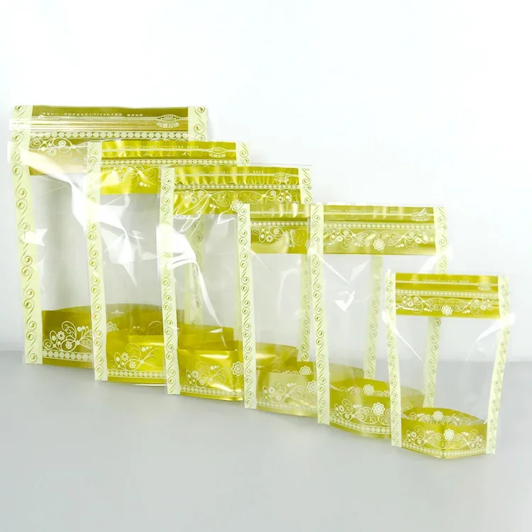 100Pcs/Lot green Pink Gold Stand Up Bags Ziplock Clear Packing Bag With Window Self Seal Plastic Food Grip Bags Retail Pack Bags