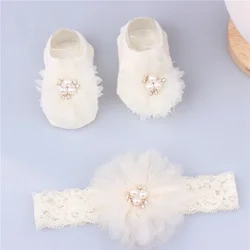 Cute Lovely Pearl Bows Baby Headband Socks Set Non Slip Cotton Sock Lace Flower Newborn Hair Band Turban Girl Hair Accessories