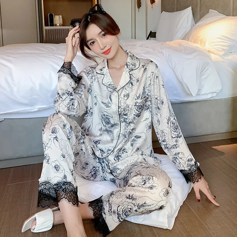 TOP Quality Women\'s Pajamas Set Floral Ink Sleepwear Silk Like Casual Homewear V Neck Pyjams for women pyjama pour femme