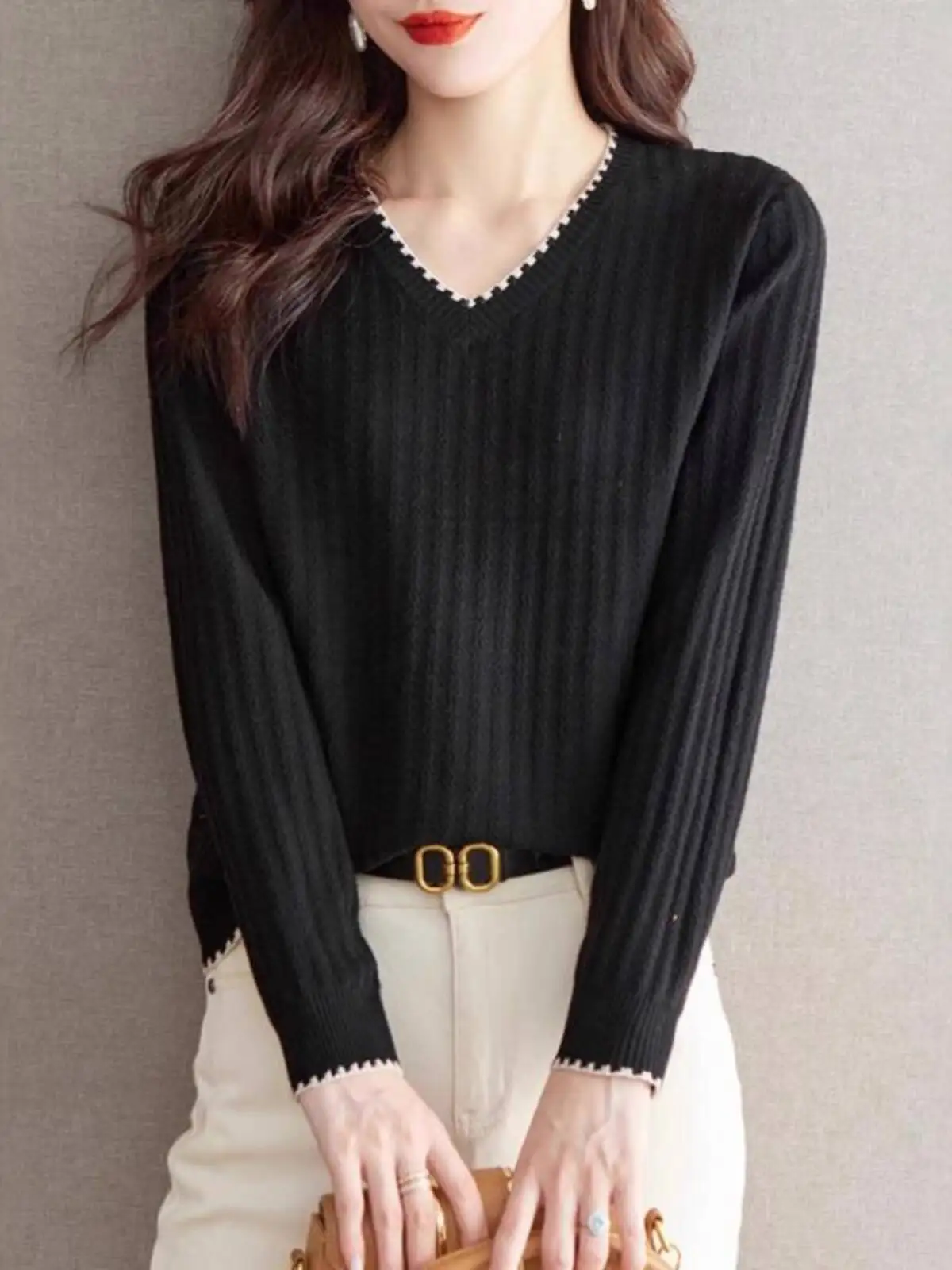Women Sweater 2025 New Women's Autumn Winter Long Sleeve T Shirt V Neck Knit Top Loose Fit Age Reducing Fashion Inner Wear 3