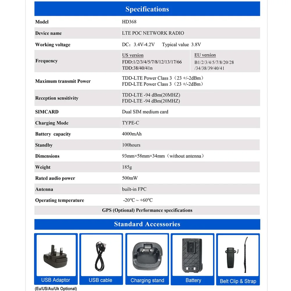 Anysecu HD368 4G Network Radio Work with Real-ptt RTOS System GPS Mini POC Walkie Talkie with Charger Desktop