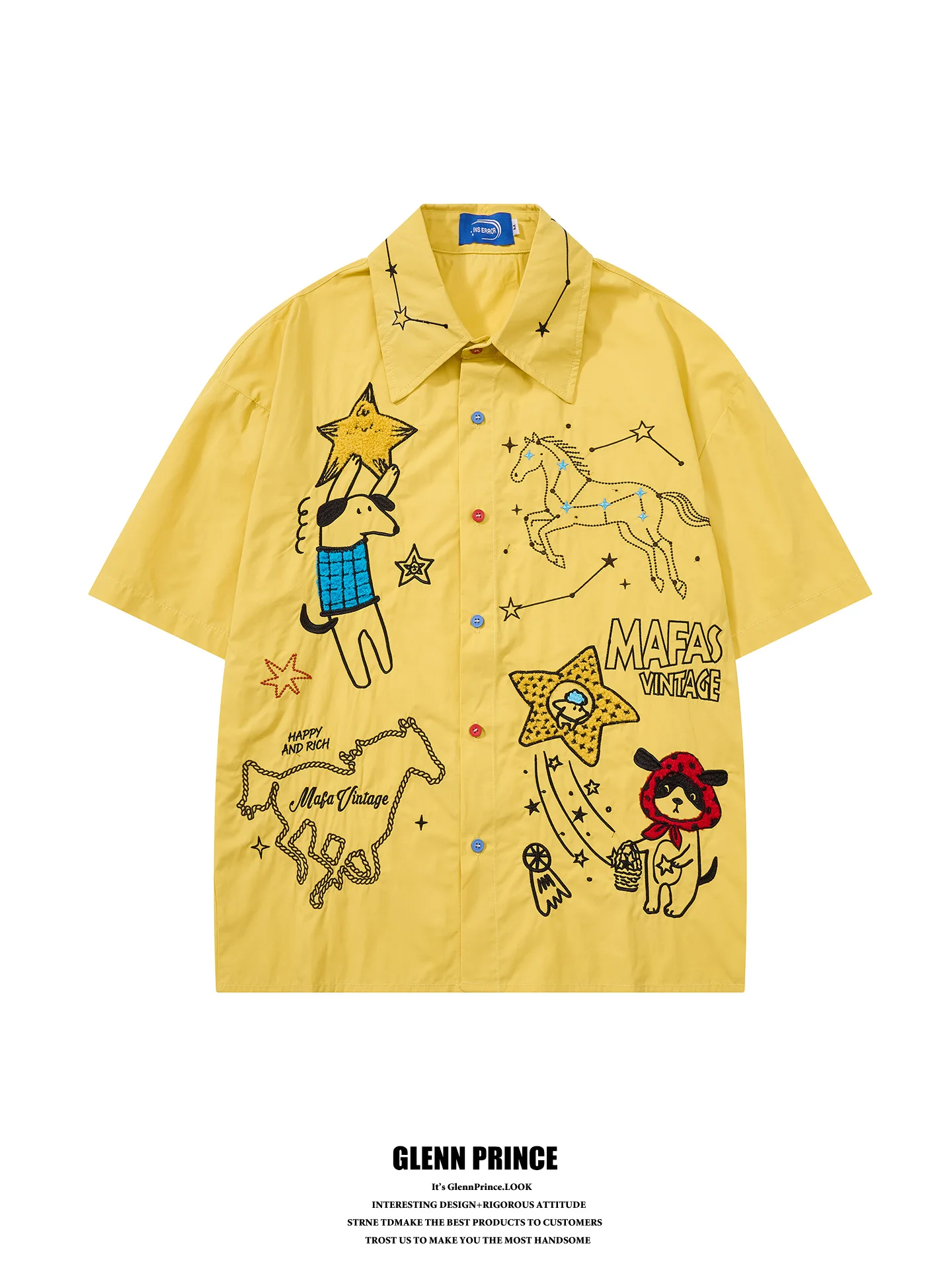 

GPstudio Summer Fun Cartoon Graffiti Embroidery Short Sleeve Loose Men's Shirt Trendy Brand Holiday Style Casual Half Sleeve Top