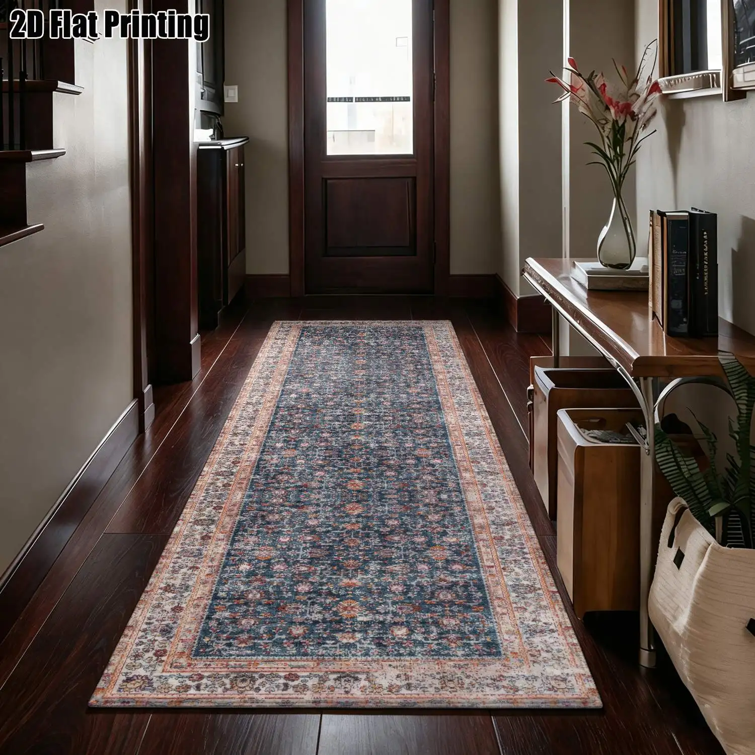 1Pc 2D Printed Long Strip Runner Carpet: Blue-Grey Retro Floral, European/Bohemian Style, Geometric Designs, Machine Washable, Multi-Size, Ideal for Entryway, Hallway, Bedroom, Kitchen Home Decor