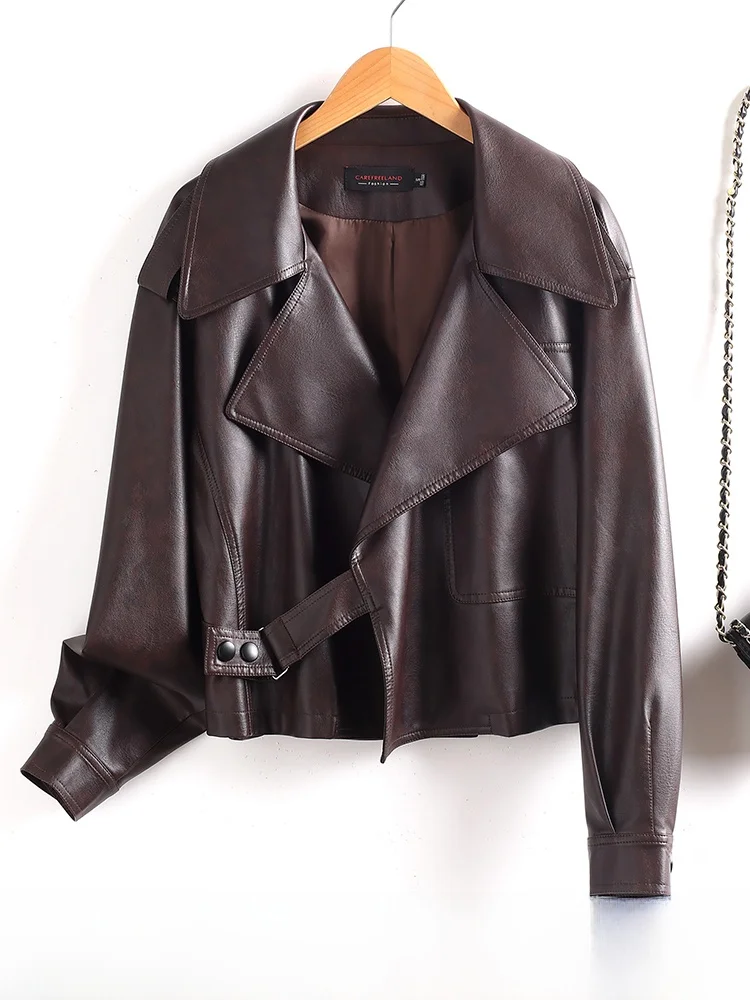 

Faionable Heavy-Du Genuine Leather Motorcycle Jaet Women's ort Sli Outerwear Spring Autumn New eepskin Korean V...