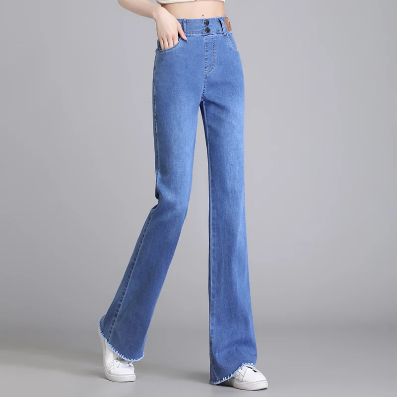 ZUZK Women Fashion Raw Edge Boot-cut Jeans Summer Loose Droop Elastic  Waist Denim Long Pants Korean Casual Wide Leg Pants