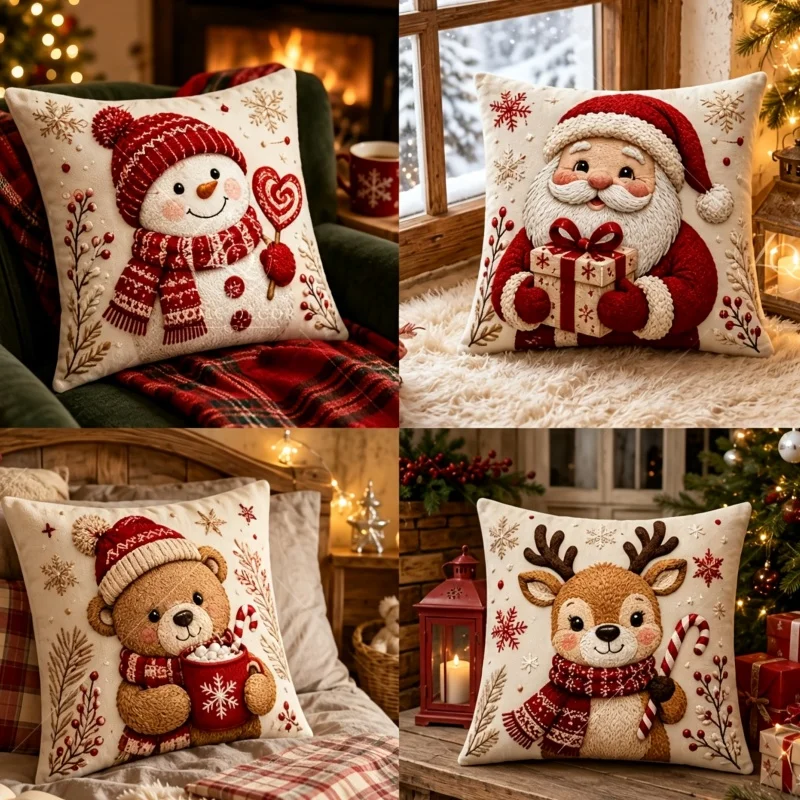 4 Pieces of Randomly Assorted Designs, 2D Flat Christmas-Themed Decorative Home Pillow Covers Featuring Snowman, Santa Claus, Bear, and Reindeer, Suitable for Living Room, Sofa, Bedroom, Car Decoration, Holiday Gifts,