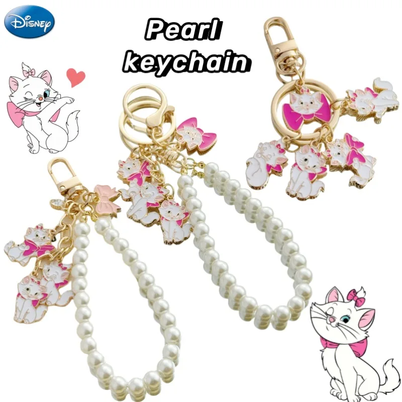 

New Disney Marie kawaii cute metal pearl keychain hanging chain girls school bag decoration pendant high value holiday gifts