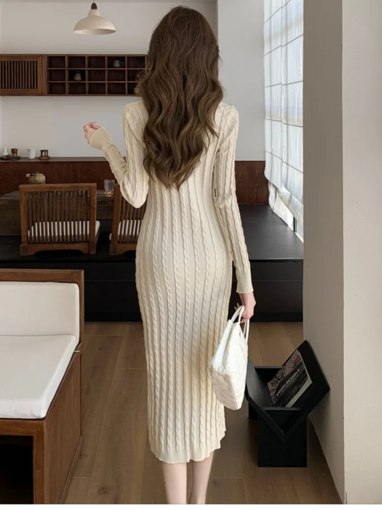 SMTHMA français élégant Sexy col en v torsions pull à manches longues une pièce robe femme Style doux dame Sofe robes en tricot