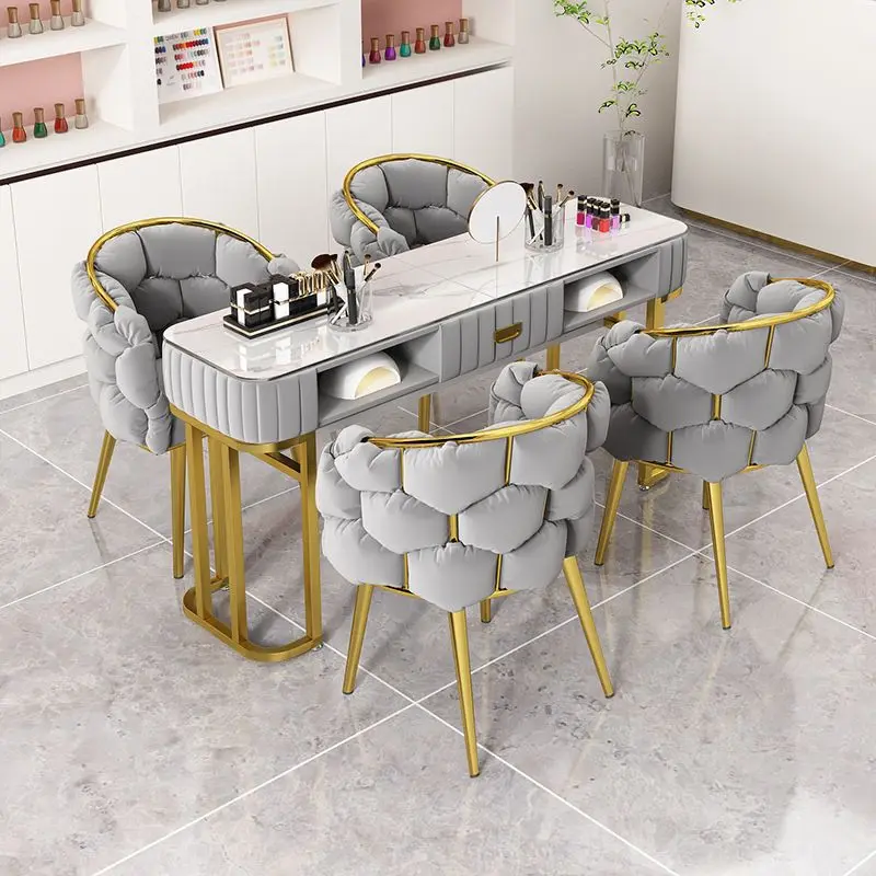 Marble Manicure Table, Multi-Layer Wood Nail Station, Light Luxury Green Portable Commercial Nail Desk, Beauty Salon Furniture