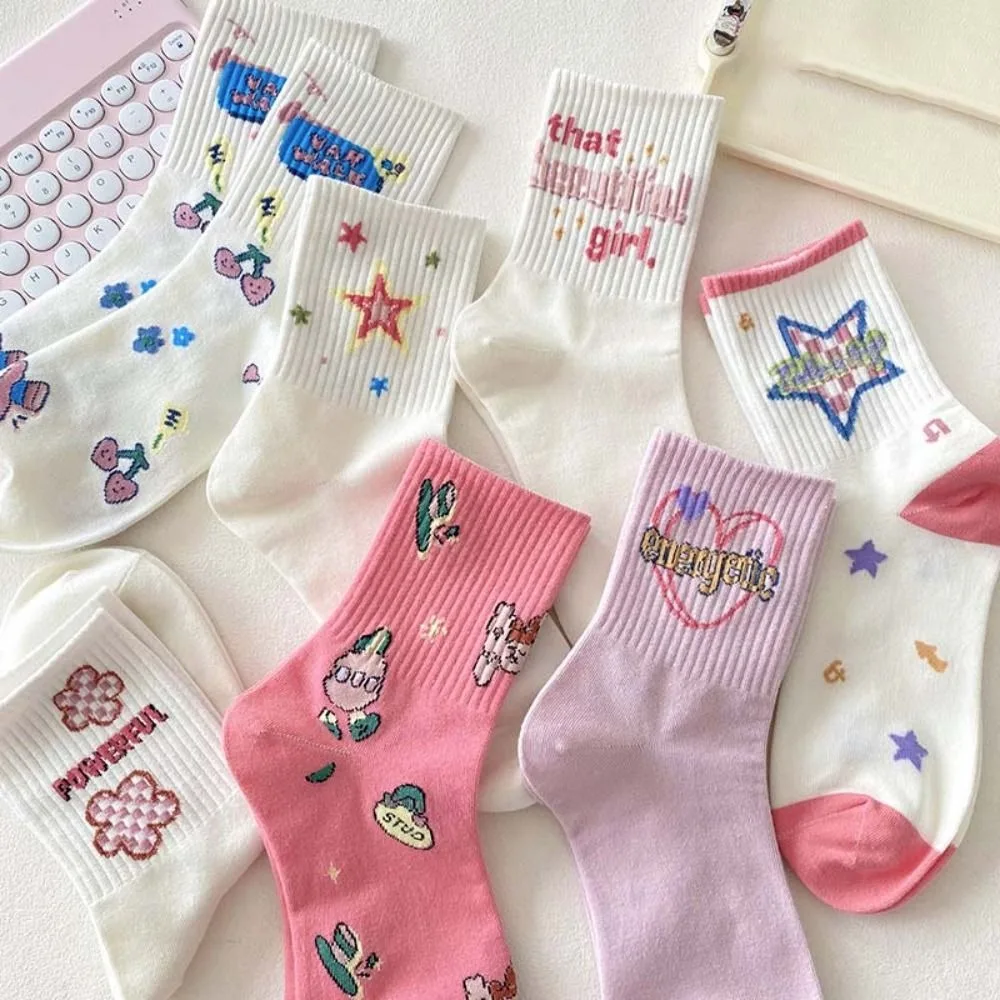 Creative Y2K Flower Ankle Socks Outdoor Sports Letter Star Short Socks Japanese Style Lolita Cartoon Mid-Calf Socks Spring