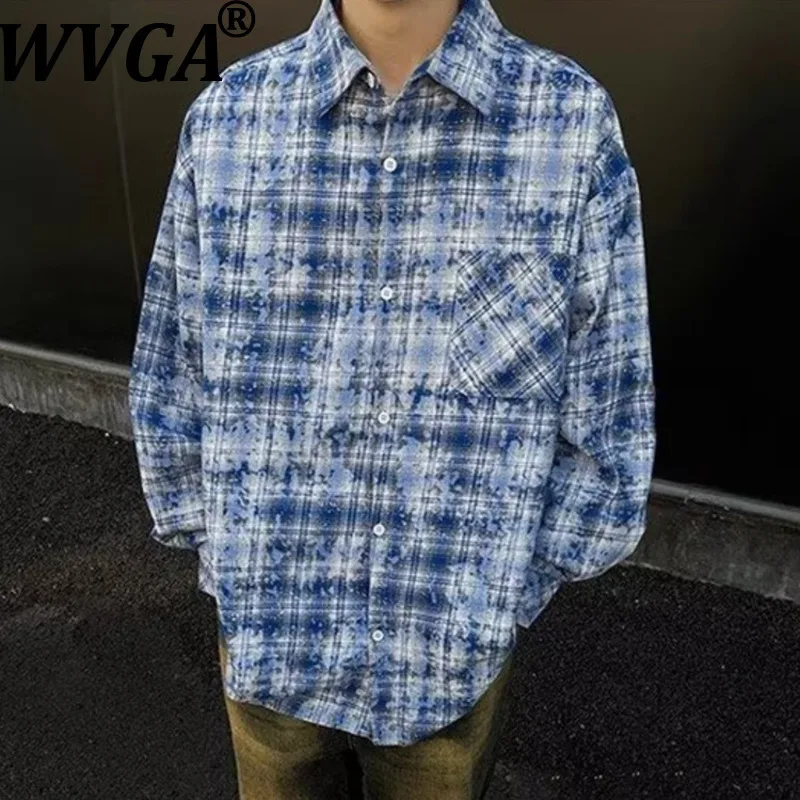 

WVGA весна осень новые мужские рубашки в клетку с длинными рукавами Tide Tie-Dye Нишевые шикарные повседневные модные свободные топы с отложным воротником Ins W16157