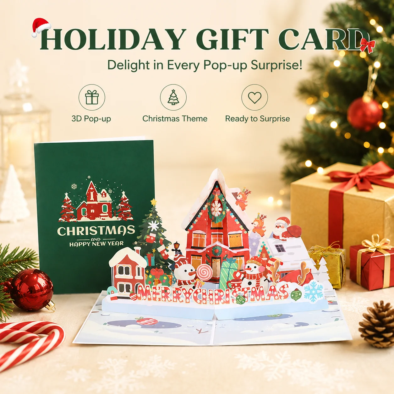 Tarjeta de felicitación navideña 3D con diseño de casa, regalo festivo DIY de colores vivos, tarjeta de invitación para fiestas navideñas, recuerdo memorables para Navidad