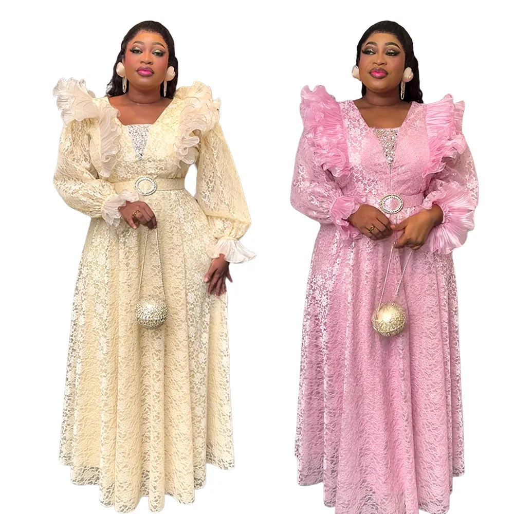 

Africa Clothing Pink Lace African Dresses for Women Dashiki Maxi Robes Elegant Long Dress Wedding Party Prom Evening Gown 2026