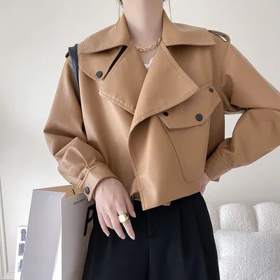 2024 Spring and Autumn New PU Leather Coat Women's Short Korean Fashion Trend Casual Leather Jacket