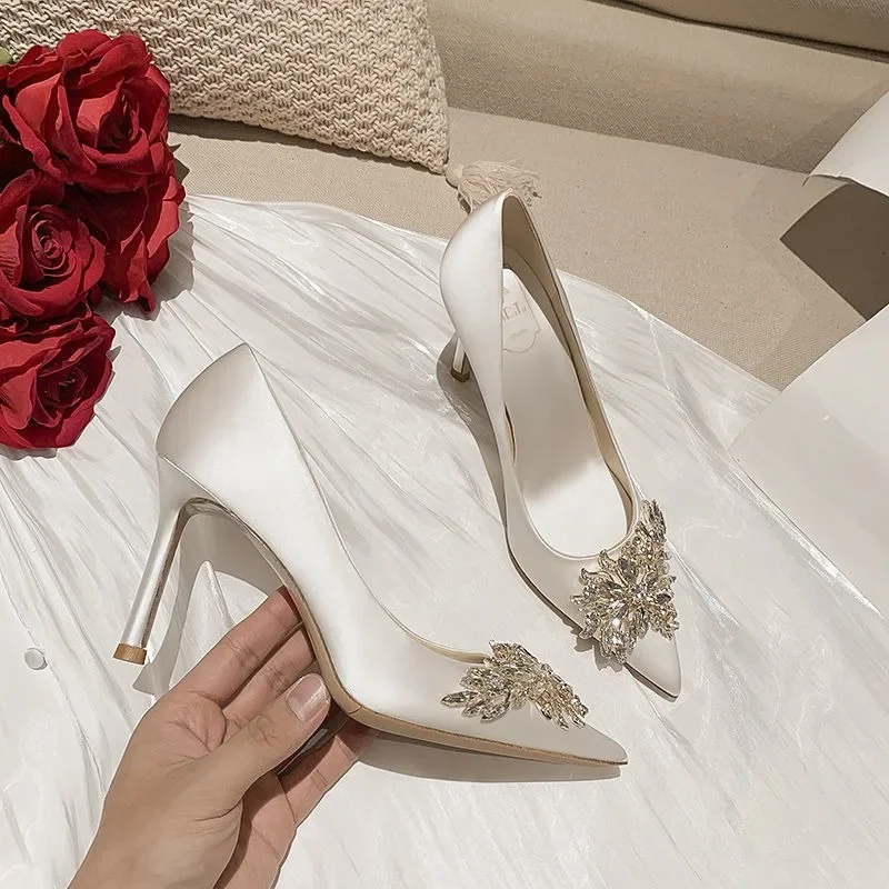 Satin Rhinestone Crystal Shallow Pumps Stiletto High Heel Fashion Women\'s Spring White Women Bridal Wedding Dress Heels Women