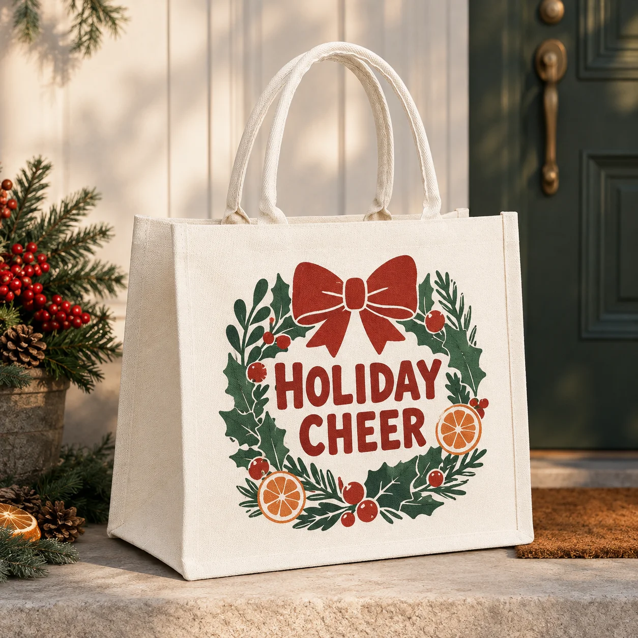 Custom Canvas Tote Bag Holiday Wreath Bells Custom Text Name Logo Reusable Grocery Shoulder Bag For Family Friends Holiday Gifts