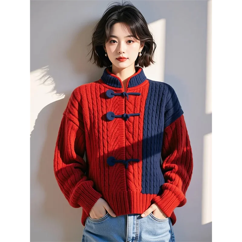 

New Chinese National Wind Red Blue Contrast Cheongsam Collar Cardigan Sweater Coat Women's Spring And Autumn New Sweater Female
