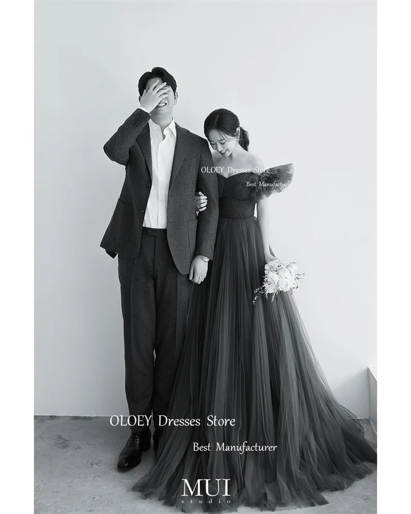 Oloey-fairy-ブラックチュールイブニングドレス,半袖の結婚式の衣装,写真撮影のためのストラップレスドレス,エレガントなイブニングドレス