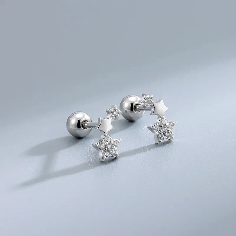 Fashion Simple Silver Color Small Zircon Stars Screw Earrings For Women Versatile Cartilage Helix Tragus Ear Piercing Jewelry