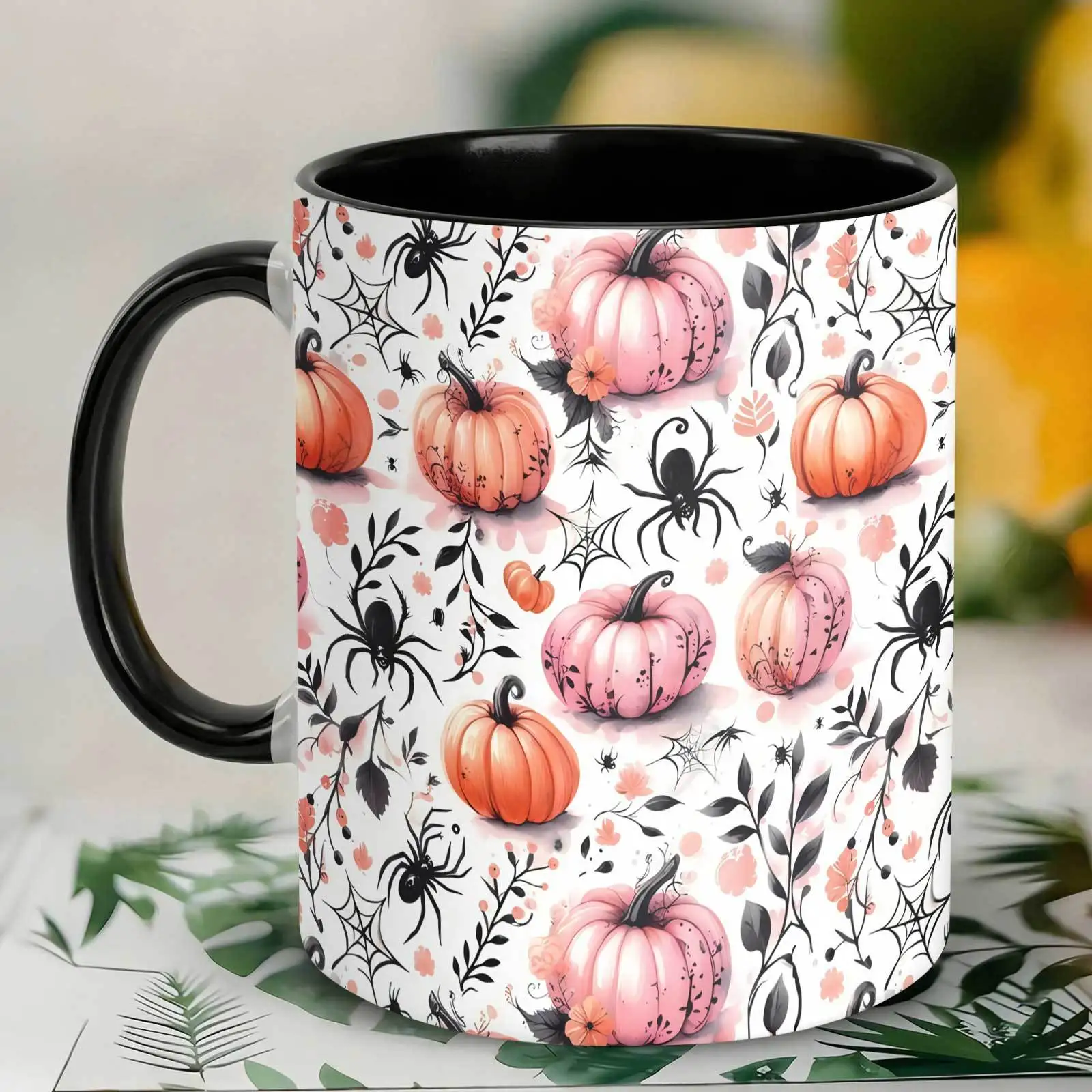 1pc, Pumpkin and Spider Web, 11oz Color Ceramic Mug, Watercolor Floral Botanical Print, for Home Kitchen, Office Desk, Halloween Gift, Tumbler, Local Warehouse, Gifts for Men and Women, Friends.
