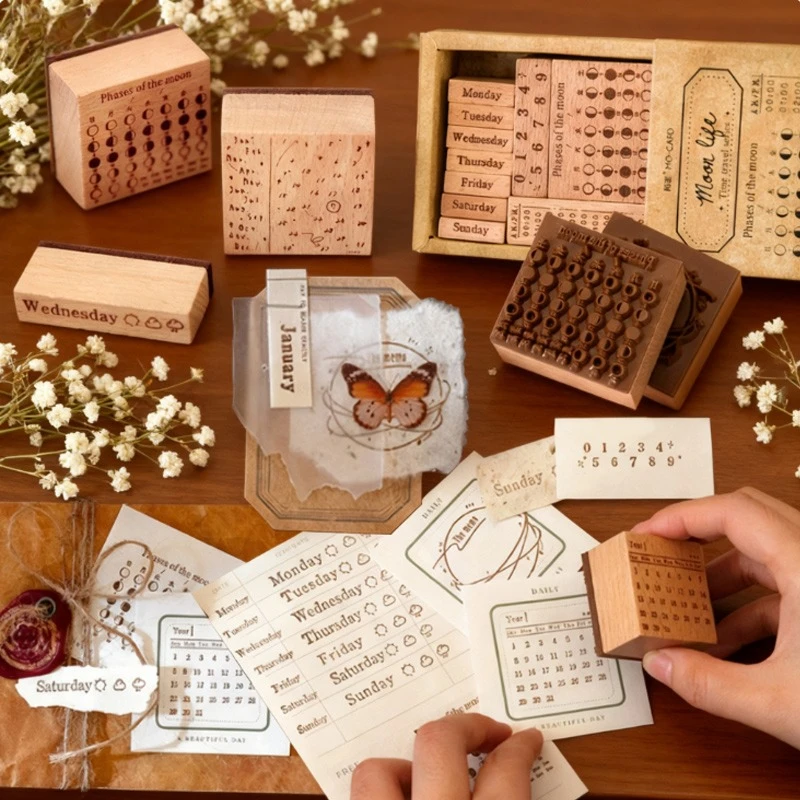 1/7/10/12/13pcs Wooden Seal Set Time Travel Series Clear Patterns for DIY Handbook Decoration Travel Record Schedule Management