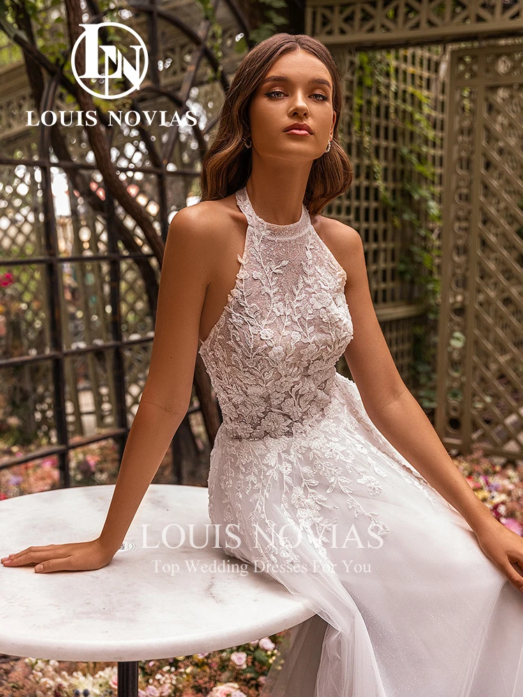 

LOUIS NOVIAS свадебное платье трапециевидной формы для женщин, струящееся свадебное платье с круглым вырезом и вышивкой, иллюзия, открытая спина, свадебное платье в стиле бохо, Vestidos De Novia