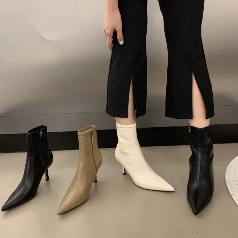 

Популярные осенние модные тонкие ботильоны на тонком каблуке 925, женские туфли на молнии с острым носком, современные короткие ботильоны Zapatos De Mujer