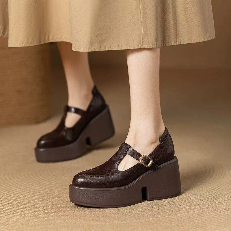 Chunky Platform High Heels Pumps Women Spring PU Leather Ankle Buckle Mary Jane Shoes Woman Brown Thick Heeled Sandals Loafers