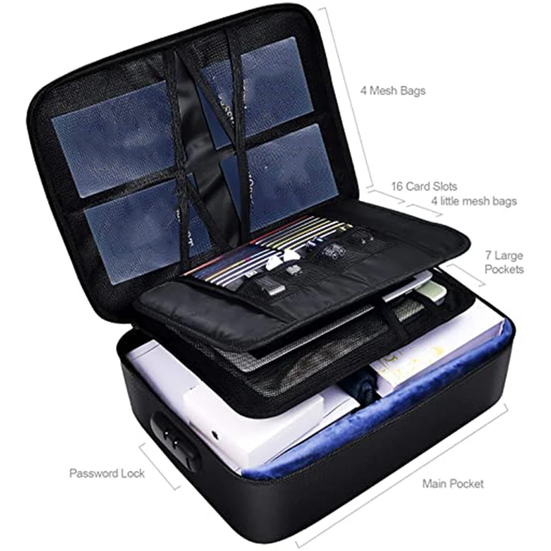 Fireproof Document Bag com Lock,Zipper Code Lock, Adequado para Passaportes, Dinheiro, Valuables