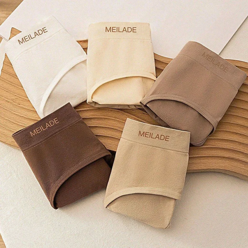 5Pcs Set Of Women's Solid Color Mid Waist Personalized Underwear Cotton Comfortable Triangle Underwear Women's Elastic Underwear