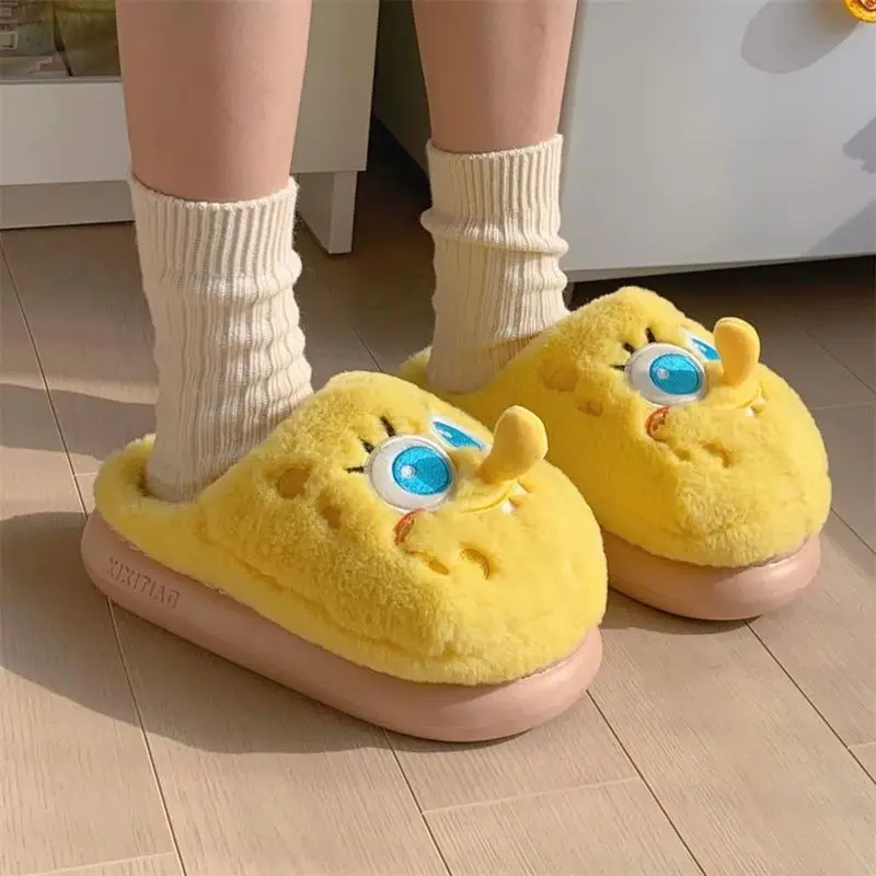 Anime Cartoon Couples New Spongebob Kawaii Slippers Plush Keep Warm Home Winter Soft Bottom Cute Shoes Men Women Lovers Shoes