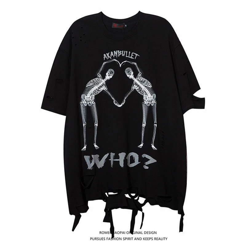 Summer Ripped Hole Men O Neck Short Sleeve T Shirts Personality Skull Print Street Fashion Loose All-match Tops Tee Unisex Black