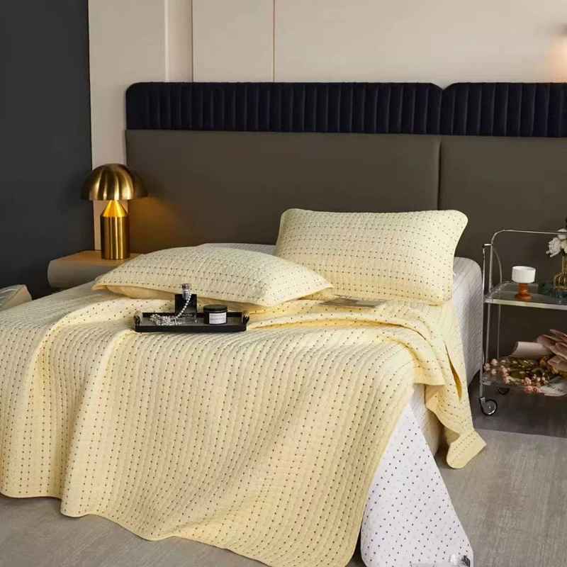 100% Cotton Bedspread Quilted Bed Cover Yellow Round Dot Embroidered Quilt Queen Size Coverlet Double Bed Blanket Non-slip Sheet
