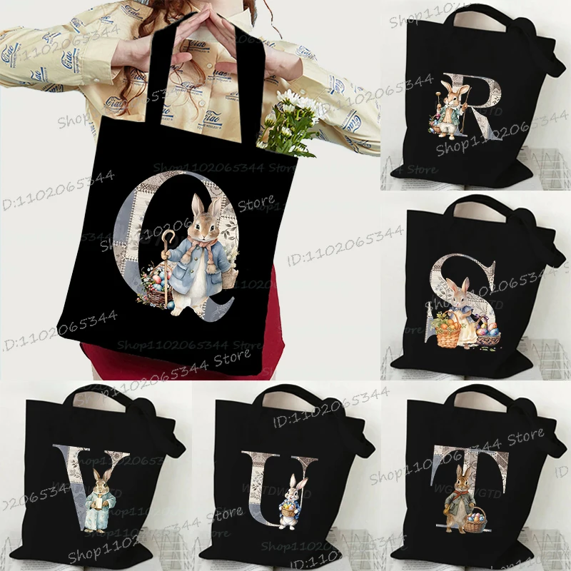 Vintage Rabbit Print Western Art Style Women's Handbags Funny 26 Alphabet Canvas Tote Bag Student Cartoon Bunny Shoulder Bags