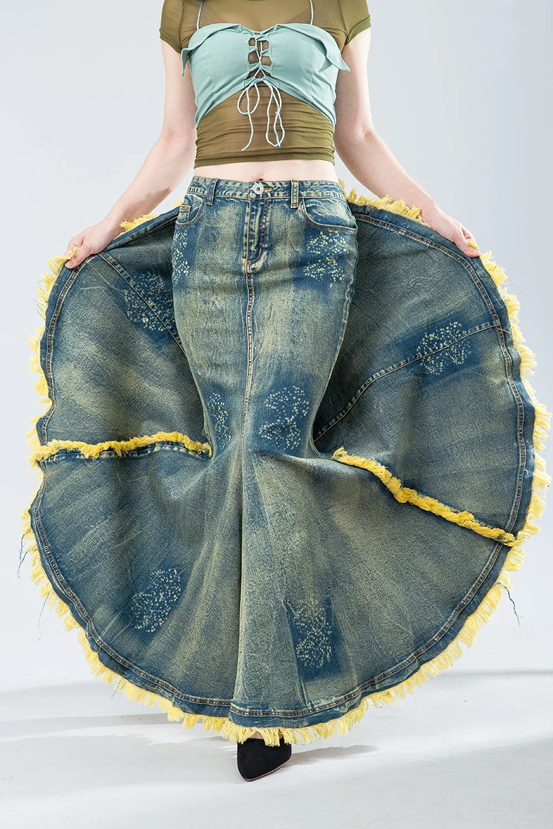 Fashion Tie-Dyed Sheath Skirts Trendy Feminine Slim Fit Slimming Denim Long Skirts Tassel Special Large Swing Fishtail Skirt