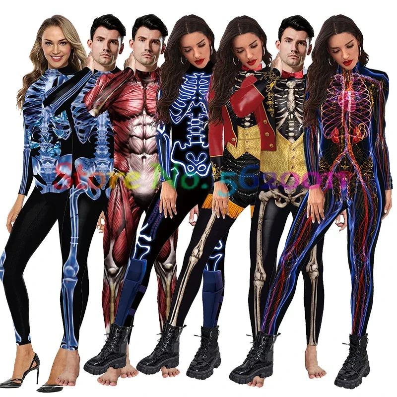 

Women Men Muscle Human Body Skeleton Bone Flower Skull 3D Printing Dress Up Jumpsuit Halloween Party Cosplay Costumes Outfit