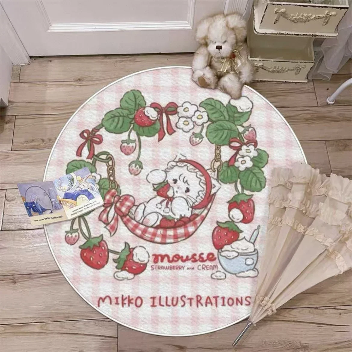 

VIKAMA Cartoon Cat Printed Cashmere Imitation Round Carpet Skin-Friendly Bedroom Rug Living Room Floor Mat Non-Toxic Home Decor