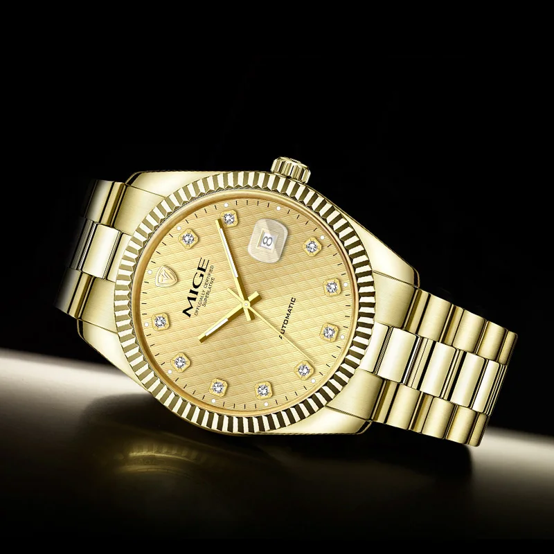 MIGE Classic Luxury, caja/correa de acero inoxidable dorado, reloj con movimiento mecánico completamente automático,