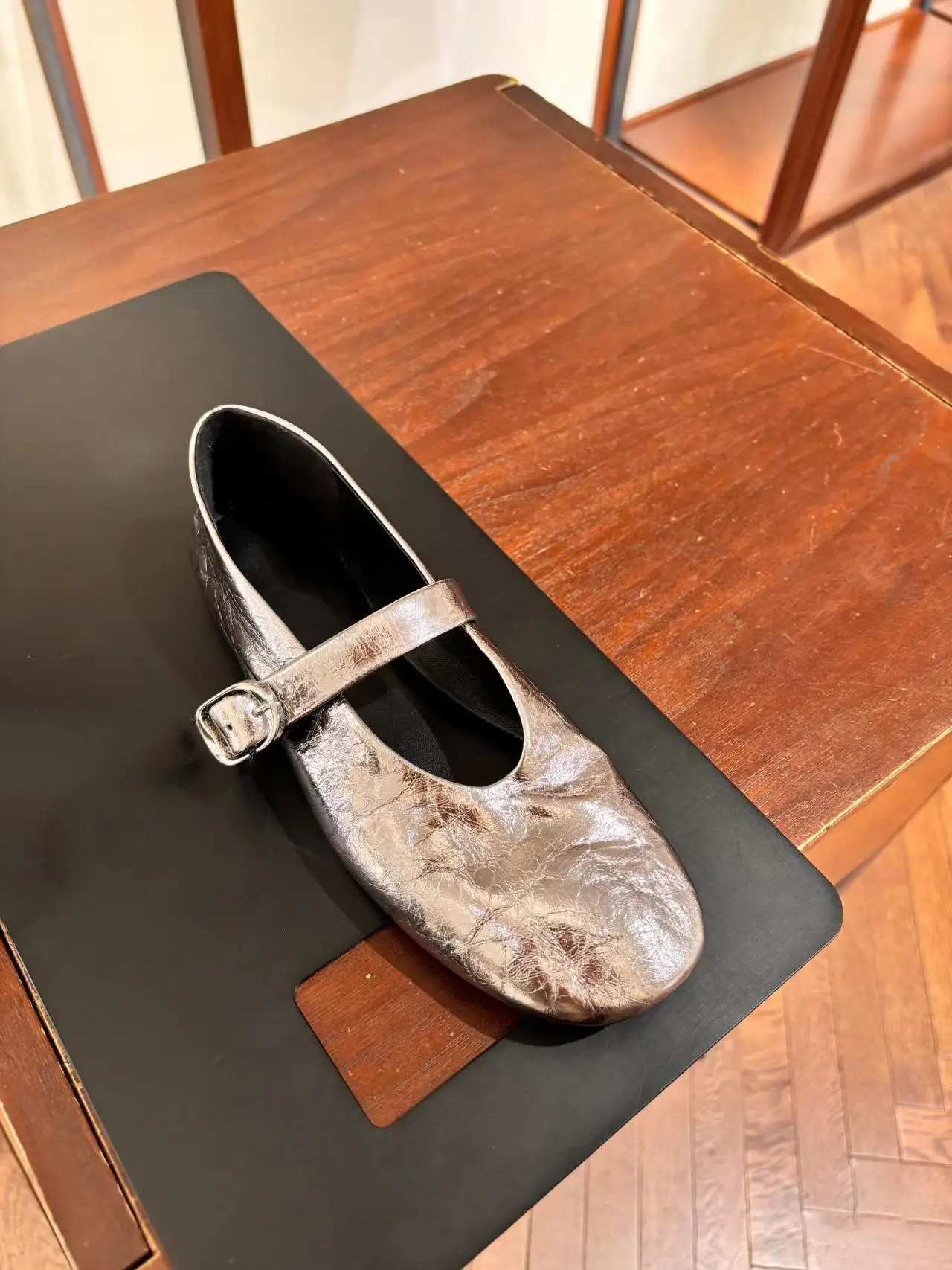 silver-mary-jane-flat-bottom-shoes-soft-bottom-retro-ballet-style-casual-fashion-single-strap-slip-on-women's-footwear