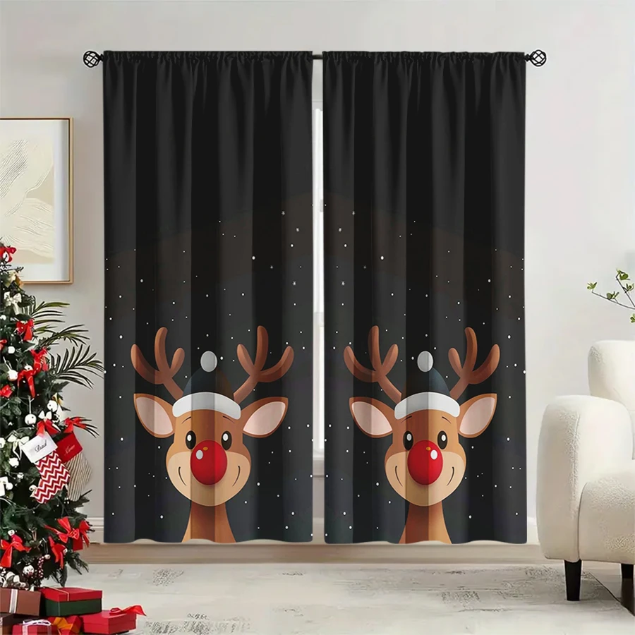 2PCS Christmas Winter Curtains, Black Cartoon Red Nose Reindeer Santa Hat, Digital Print, Bedroom Living Room, Home Decor