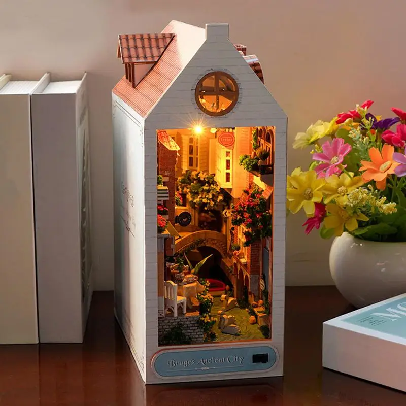 Книжный уголок, миниатюрный комплект, деревянные наборы подставок для книг со светодиодной подсветкой, художественное ремесленное украшение для кабинета, детской комнаты, спальни