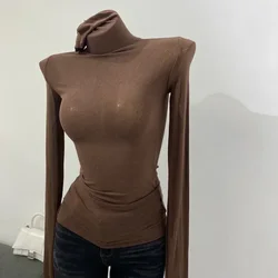 Turtleneck Slim High Quality Plain T Shirt Women Cotton Elastic Basic Female Tops Long Sleeve Sexy Thin T-shirt see through